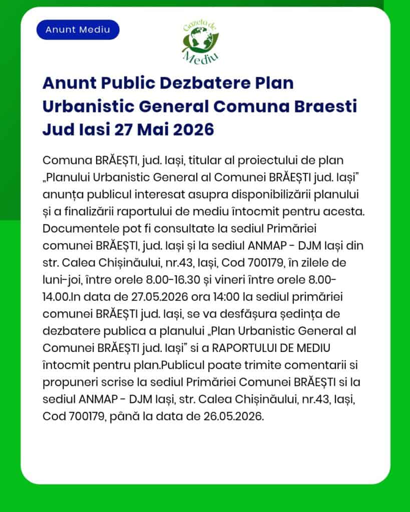 Anunt Public Dezbatere Plan Urbanistic General Comuna Braesti Jud Iasi