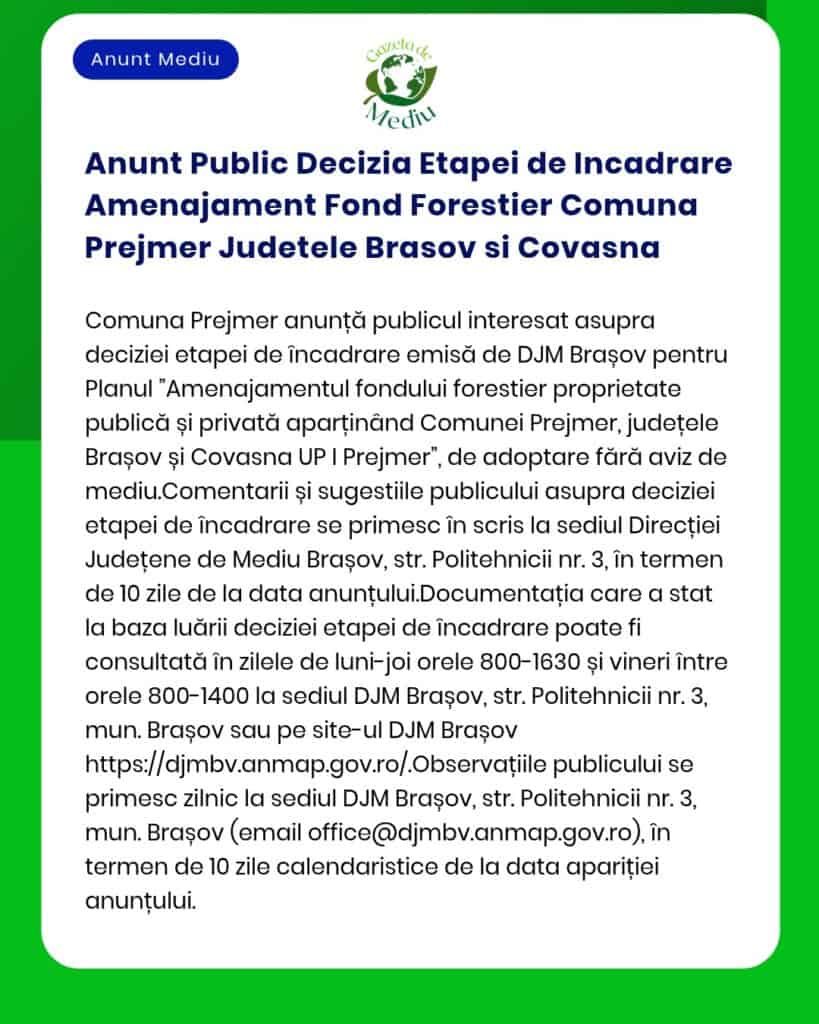Anunt Public Decizia Etapei de Incadrare Amenajament Fond Forestier Co
