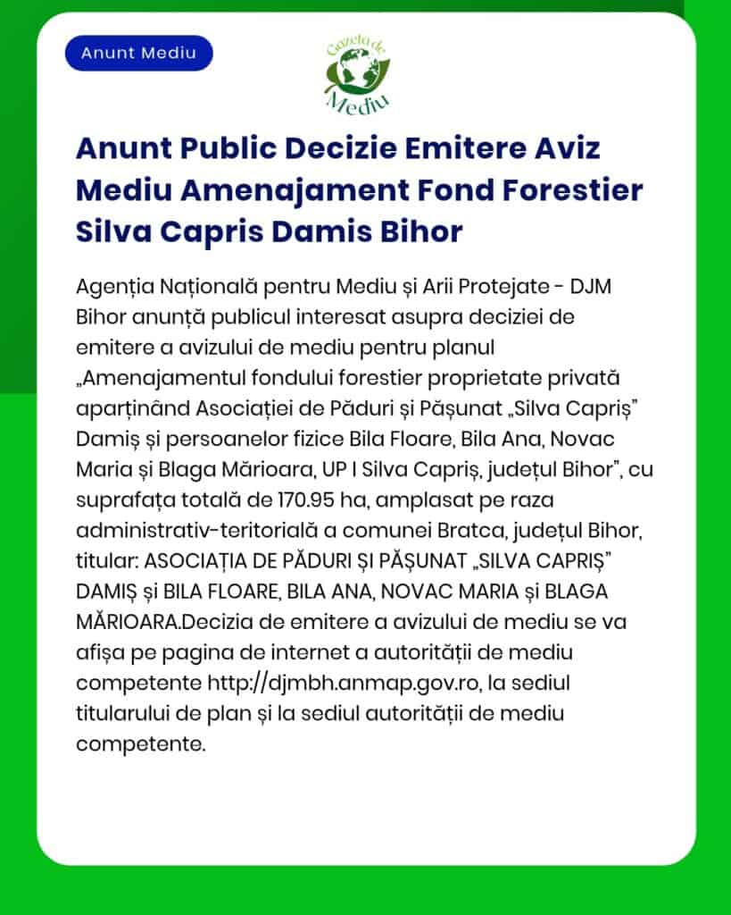 Anunt Public Decizie Emitere Aviz Mediu Amenajament Fond Forestier Sil