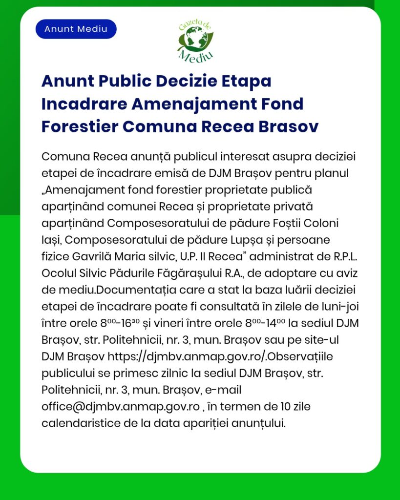 Anunt Public Decizie Etapa Incadrare Amenajament Fond Forestier Comuna