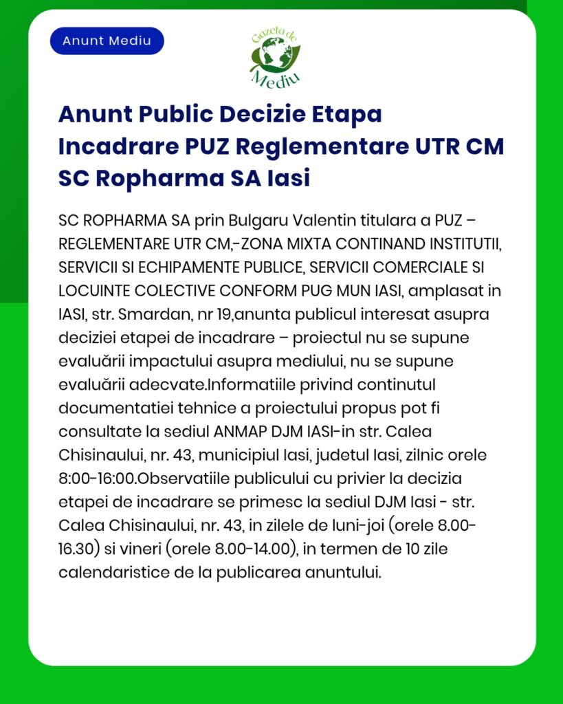 Anunt Public Decizie Etapa Incadrare PUZ Reglementare UTR CM SC Rophar