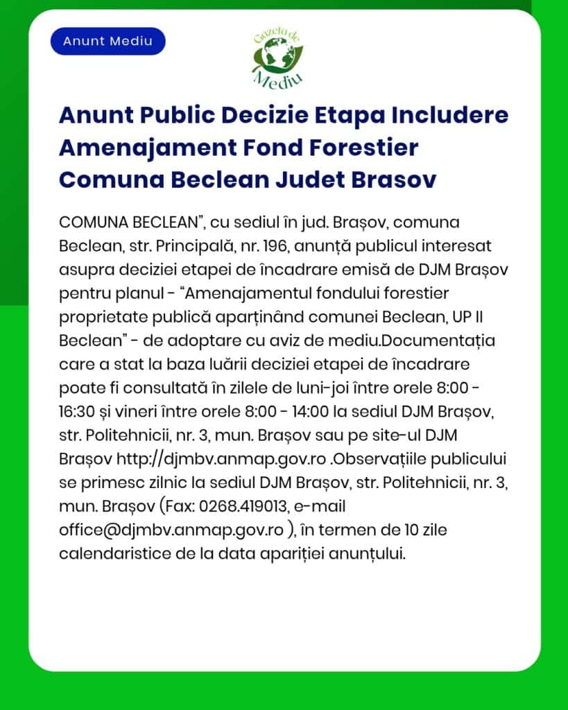 Anunt Public Decizie Etapa Includere Amenajament Fond Forestier Comuna