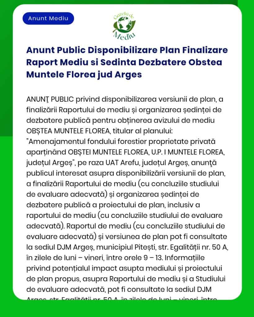 Anunt Public Disponibilizare Plan Finalizare Raport Mediu si Sedinta D