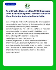 Anunt Public Elaborare Plan PUZ Introducere teren in intravilan pentru