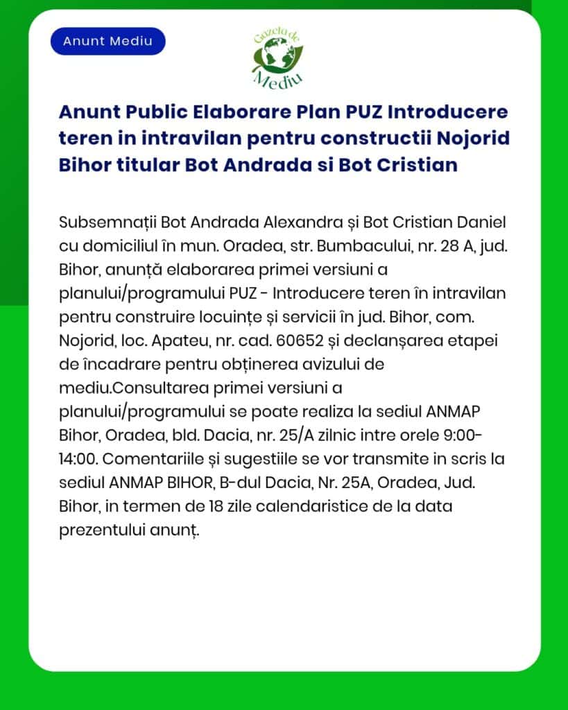 Anunt Public Elaborare Plan PUZ Introducere teren in intravilan pentru