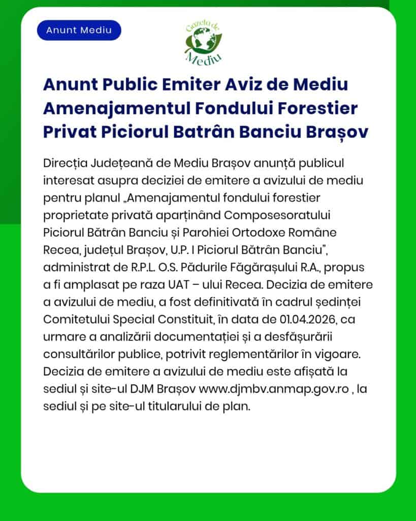 Anunt Public Emiter Aviz de Mediu Amenajamentul Fondului Forestier Pri