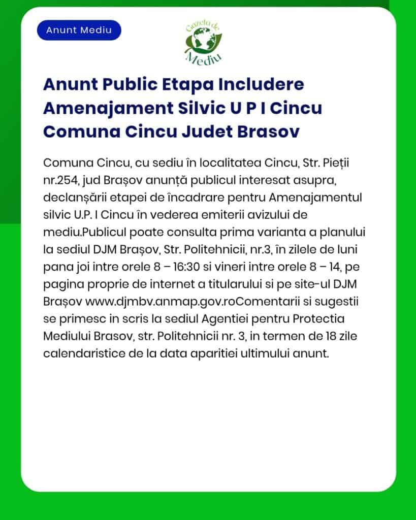 Anunt Public Etapa Includere Amenajament Silvic U P I Cincu Comuna Cin