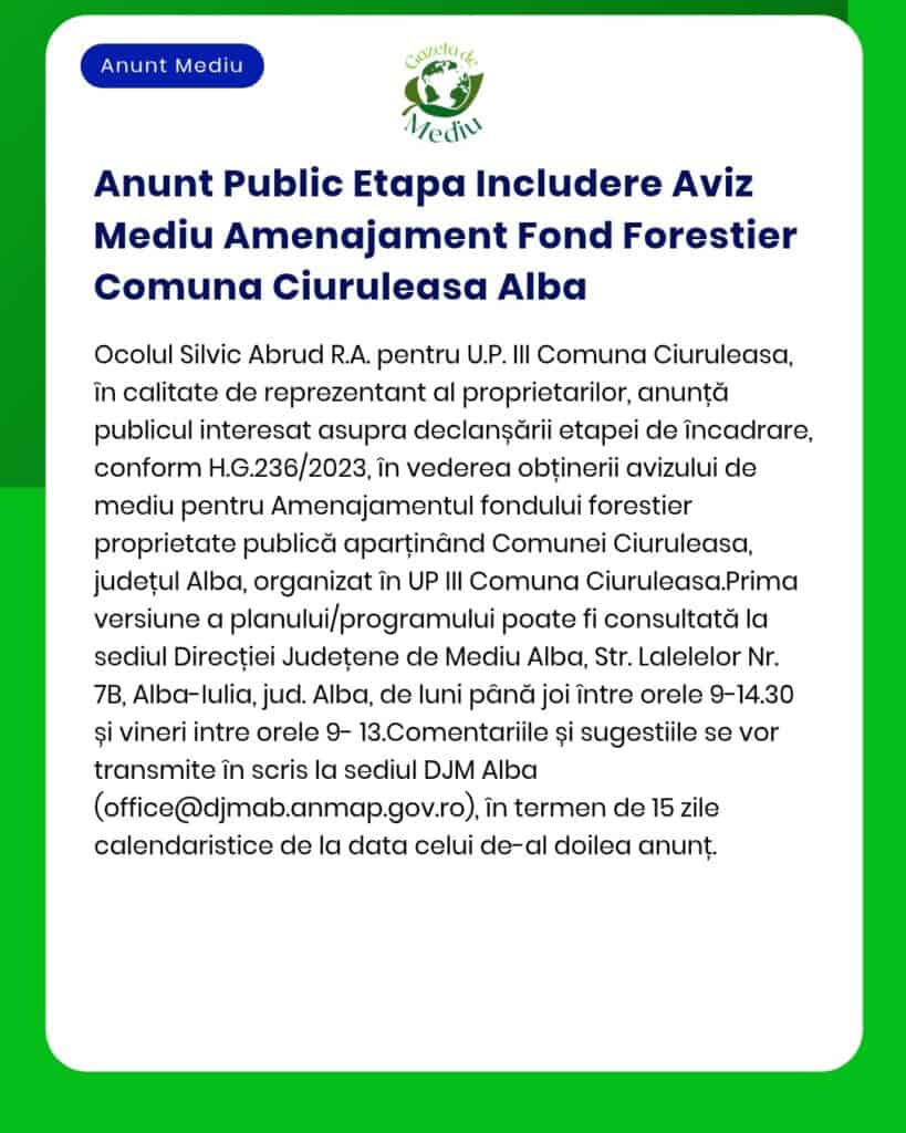 Anunt Public Etapa Includere Aviz Mediu Amenajament Fond Forestier Com