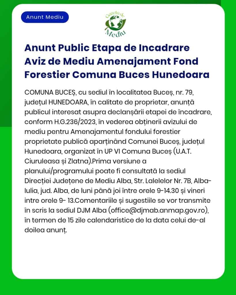 Anunt Public Etapa de Incadrare Aviz de Mediu Amenajament Fond Foresti