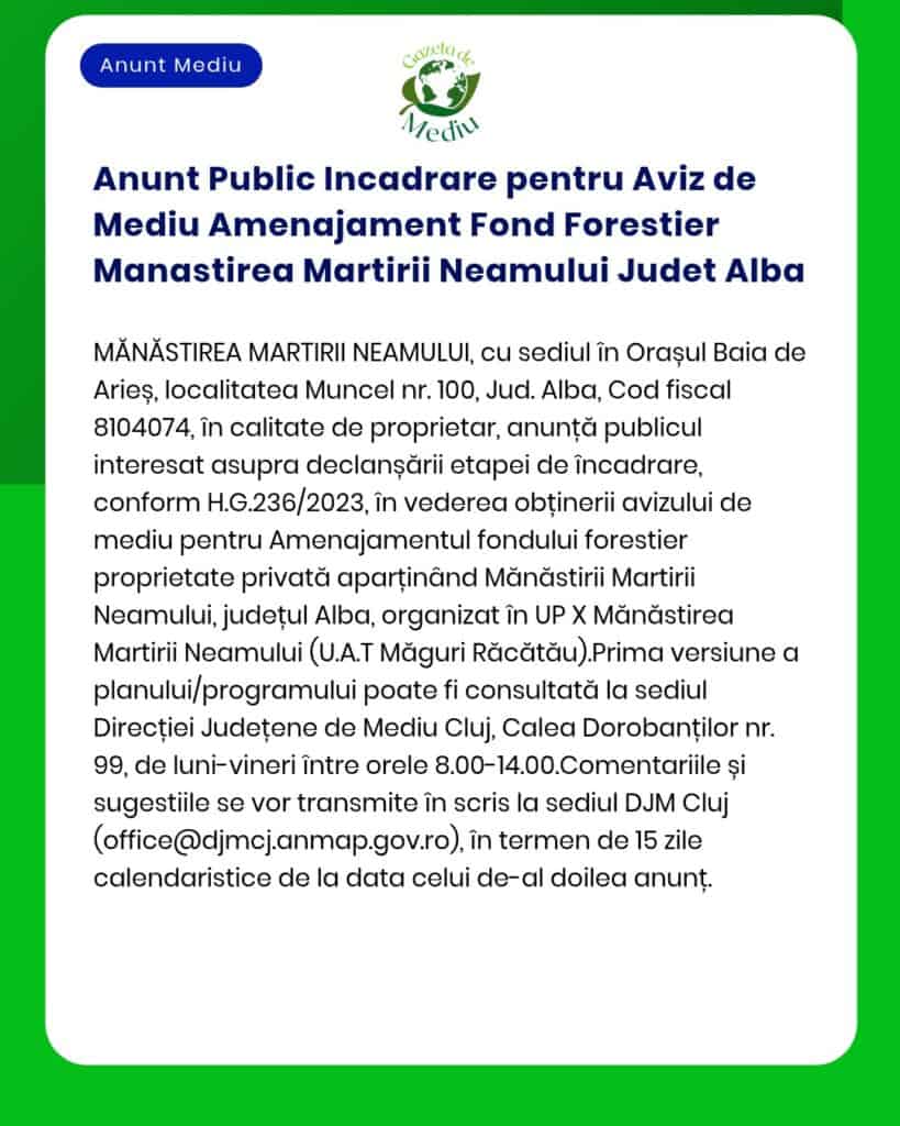 Anunt Public Incadrare pentru Aviz de Mediu Amenajament Fond Forestier