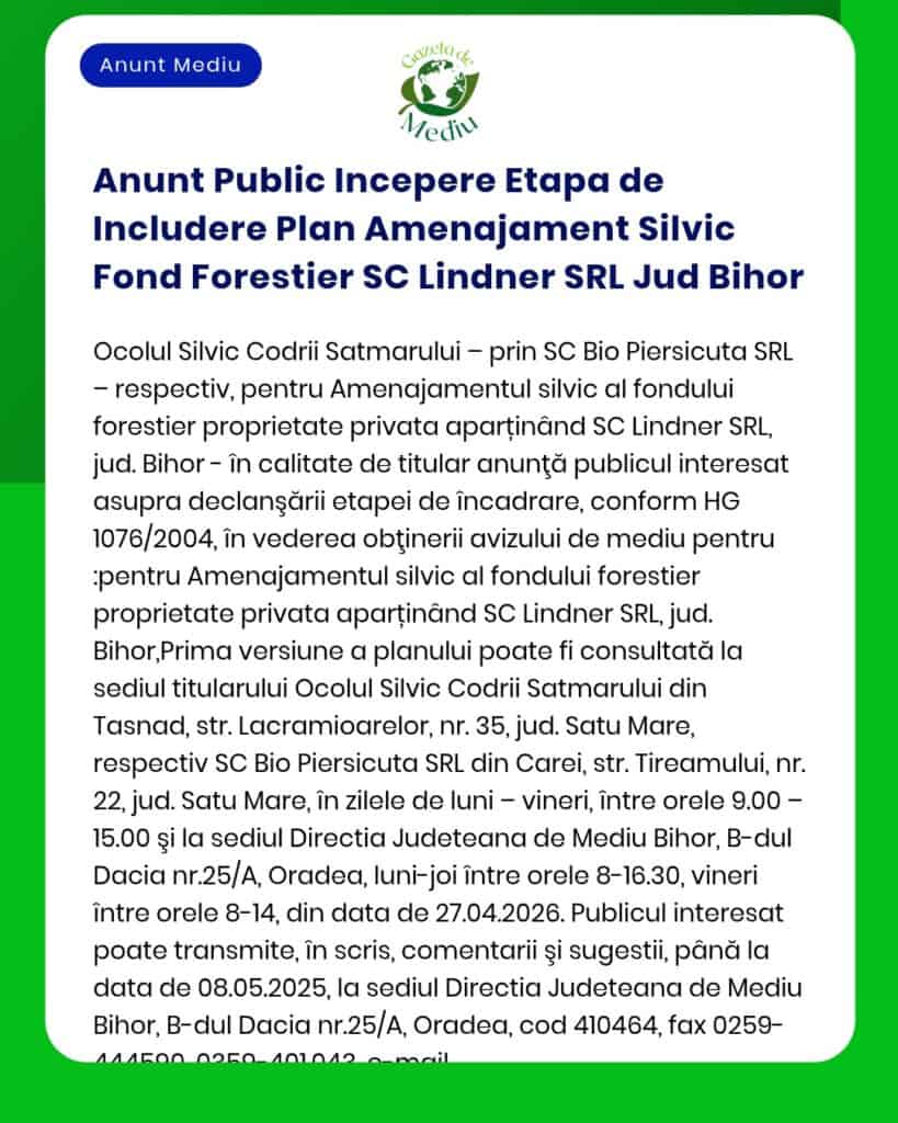 Anunt Public Incepere Etapa de Includere Plan Amenajament Silvic Fond