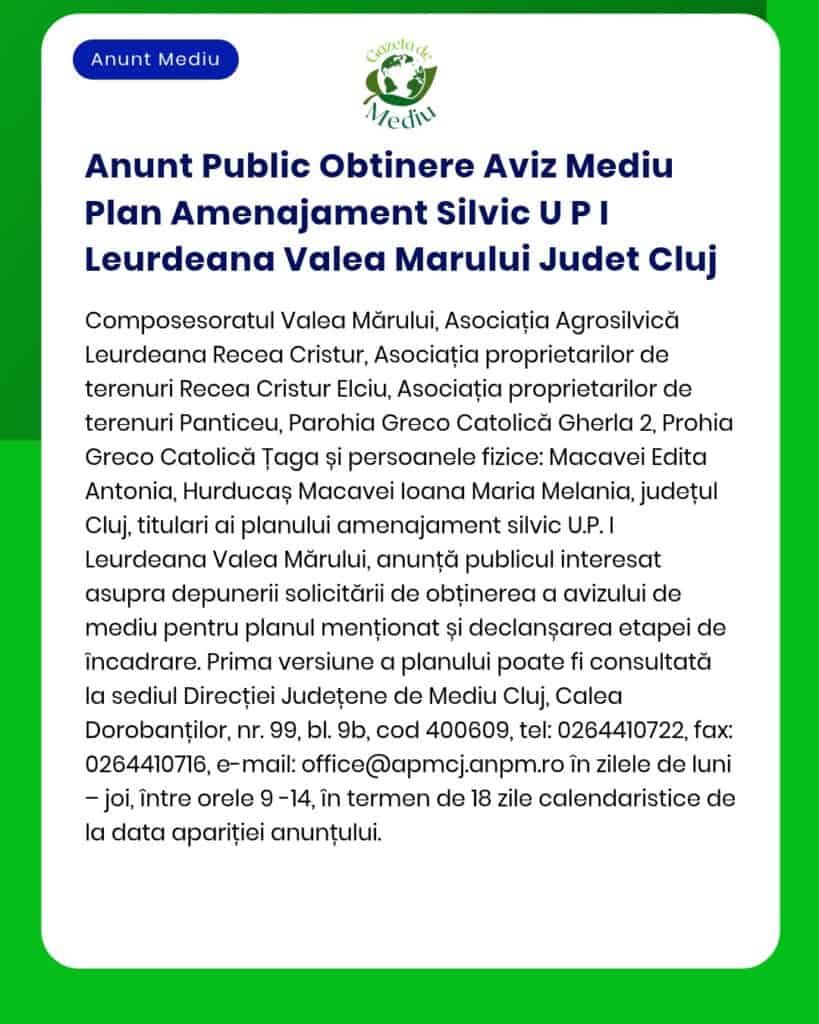 Anunt Public Obtinere Aviz Mediu Plan Amenajament Silvic U P I Leurdea