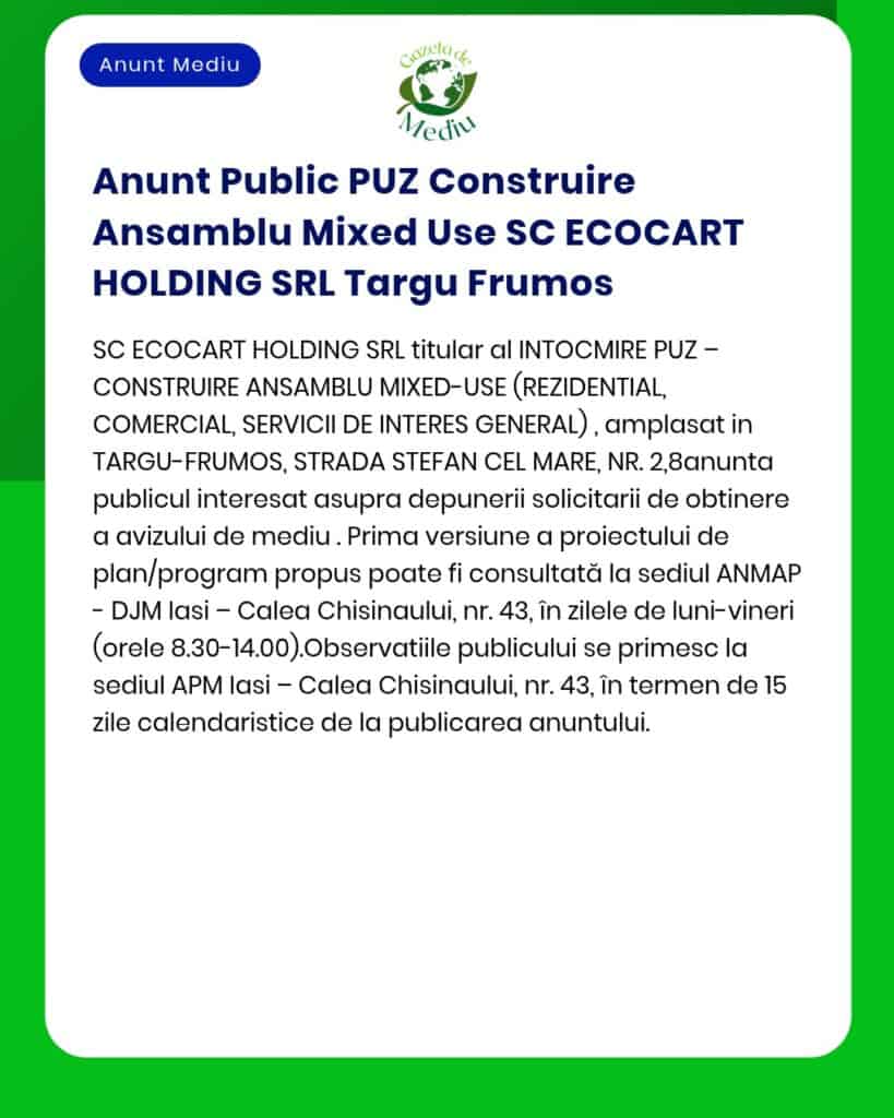 Anunt Public PUZ Construire Ansamblu Mixed Use SC ECOCART HOLDING SRL