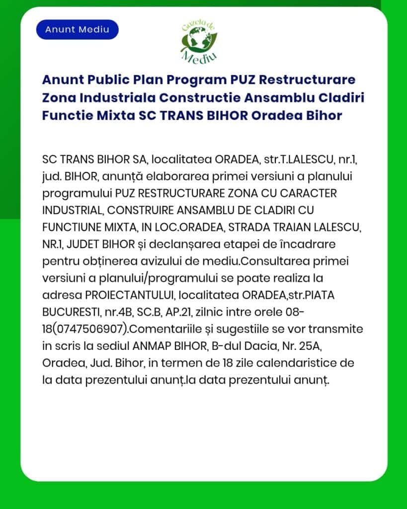 Anunt Public Plan Program PUZ Restructurare Zona Industriala Construct