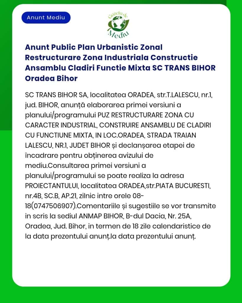 Anunt Public Plan Urbanistic Zonal Restructurare Zona Industriala Cons