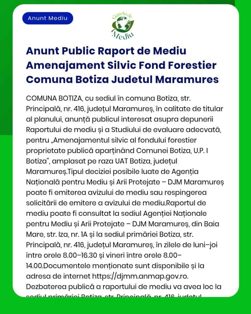 Anunt Public Raport de Mediu Amenajament Silvic Fond Forestier Comuna
