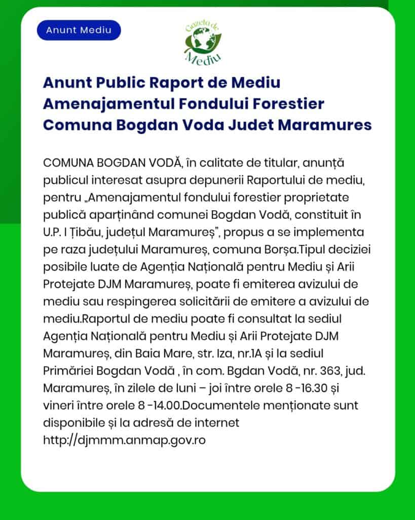 Anunt Public Raport de Mediu Amenajamentul Fondului Forestier Comuna B
