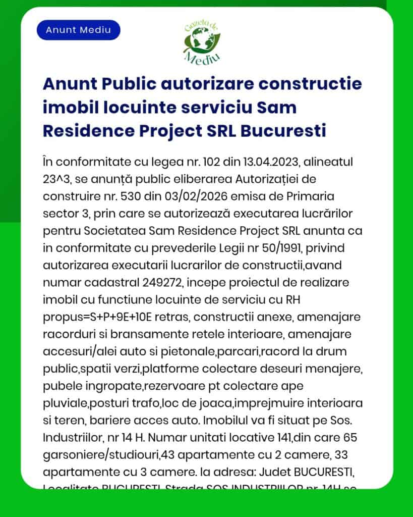 Anunt Public autorizare constructie imobil locuinte serviciu Sam Resid