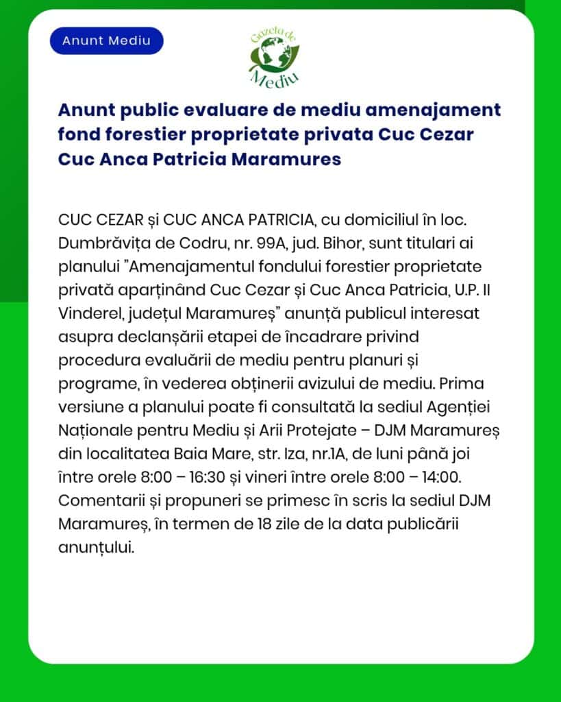 Anunt public evaluare de mediu amenajament fond forestier proprietate