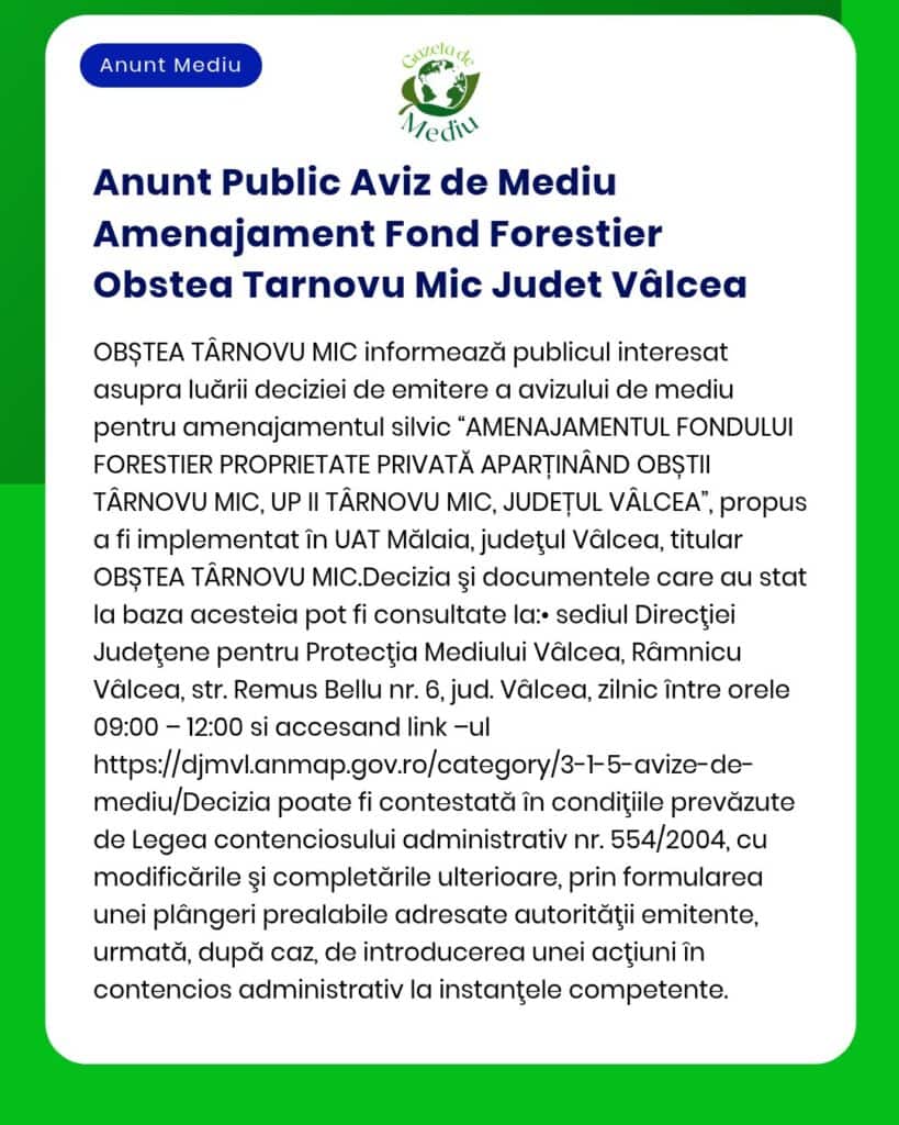 Anunt Public Aviz de Mediu Amenajament Fond Forestier Obstea Tarnovu M