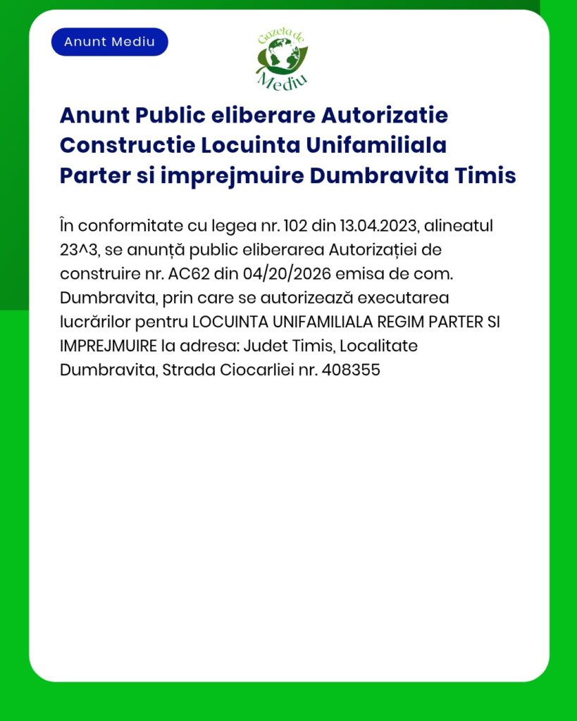 Anunt Public eliberare Autorizatie Constructie Locuinta Unifamiliala P