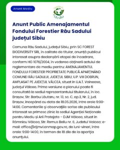 Anunț privind emiterea unui aviz de mediu pentru lucrări forestiere în Râu Sadului, județul Sibiu.