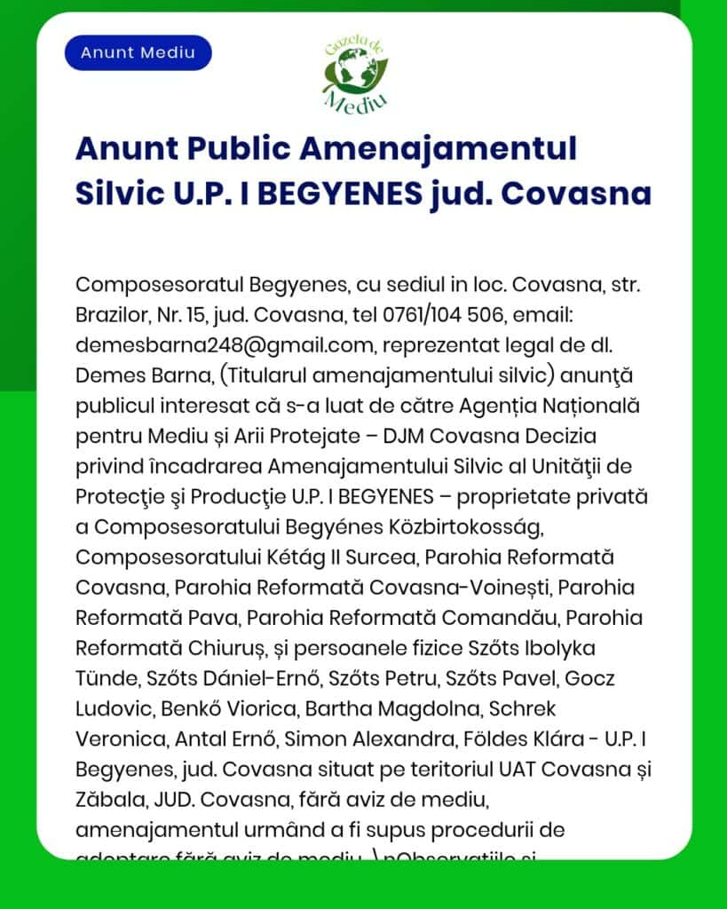 Aprobarea Amenajamentului Silvic al Begyenes Forestry Company Covasna de către Agenția Națională pentru Arii Naturale Protejate.