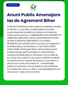 Anunț privind proiect de amenajare lac în Bihor, România; sunt prezentate amplasamentul și licența proiectului.