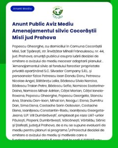 Anunț de mediu despre un proiect forestier în Cocorăștii Mislii, Prahova, cu nume implicat în procesul de avizare APM.
