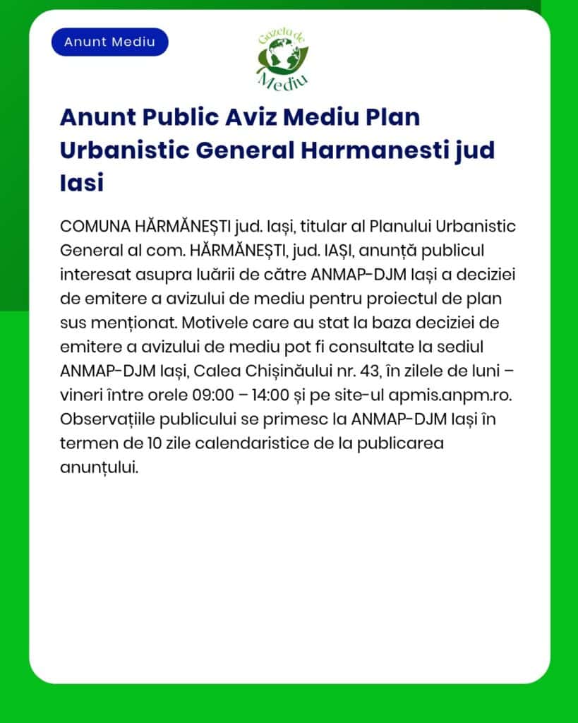 Anunț privind avizul de mediu pentru Planul Urbanistic Harmanesti, emis de APM.