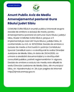 Anunț privind solicitarea acordului de mediu pentru pășune în Gura Râului, județul Sibiu, de către COMUNA GURA RÂULUI.