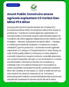 Construcție anexă agricolă Corbut Dan Mihai PFA în Bihor, cu informații de impact ambiental de la APM.