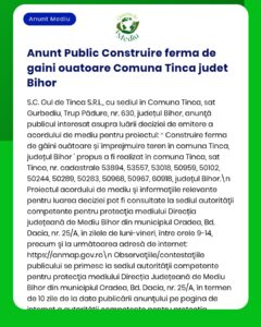 Proiect pentru construirea unei ferme de găini ouătoare în Tinca, jud. Bihor, cu detalii și documentație aferentă.