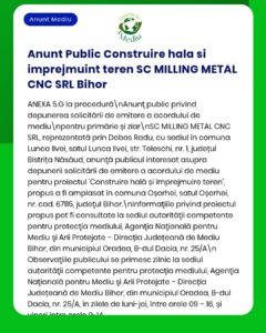 Anunț privind solicitarea autorizației de construire de către SC MILLING METAL CNC SRL Bihor.