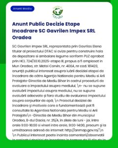 Anunț privind procesul de evaluare de mediu pentru proiectul SC Gavrilen Impex SRL din Oradea, notificat de APM.