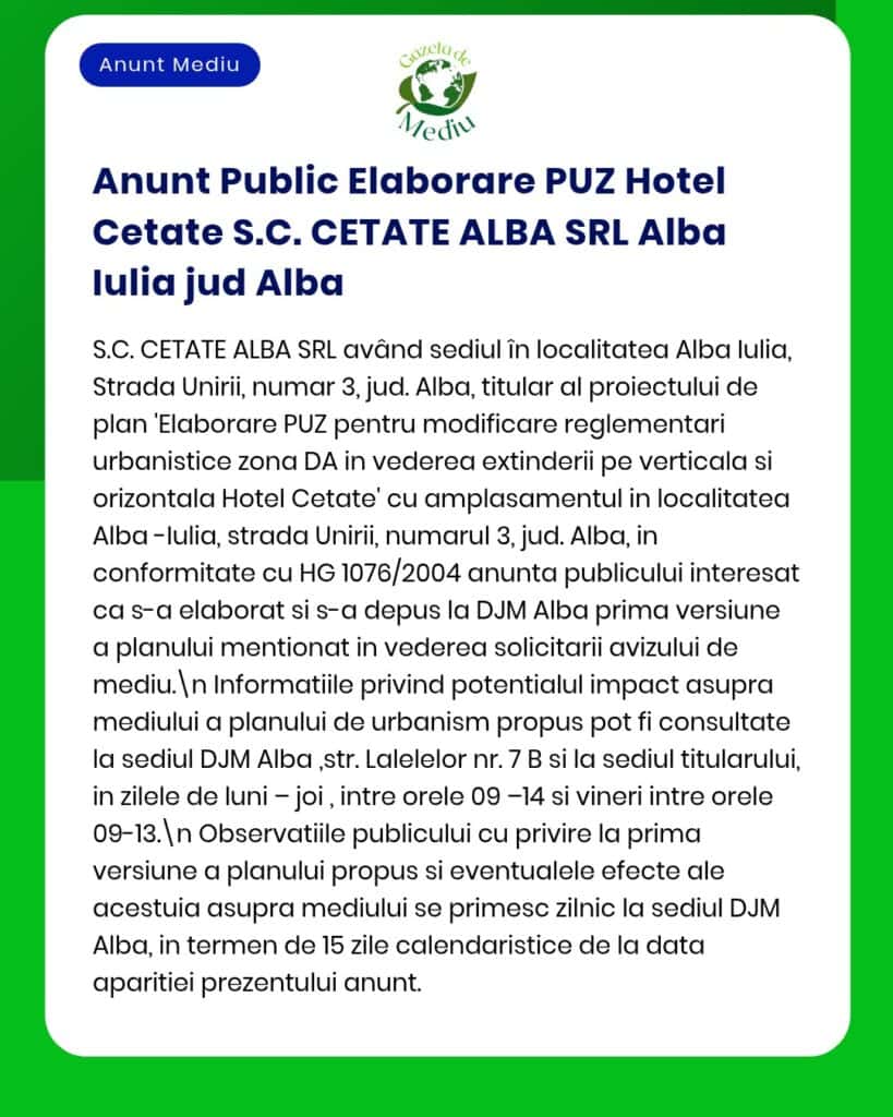 Modificări de urbanism pentru PUZ Hotel Cetate Alba Iulia, cu informații despre proiect și baza legală.