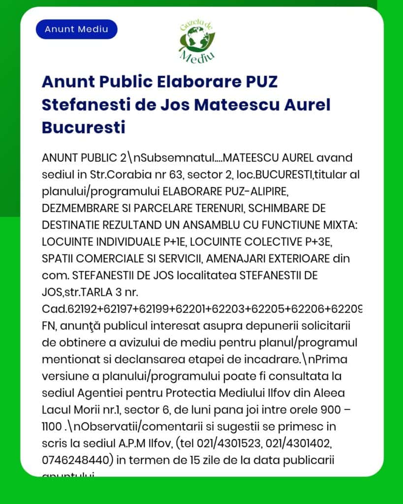 Anunț privind elaborarea PUZ Ștefănești de Aurel Mateescu în București, cu detalii despre proiect.