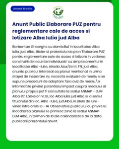 Anunț privind elaborarea reglementărilor urbanistice pentru accesul și lotizarea terenurilor în Alba Iulia și suburbii.