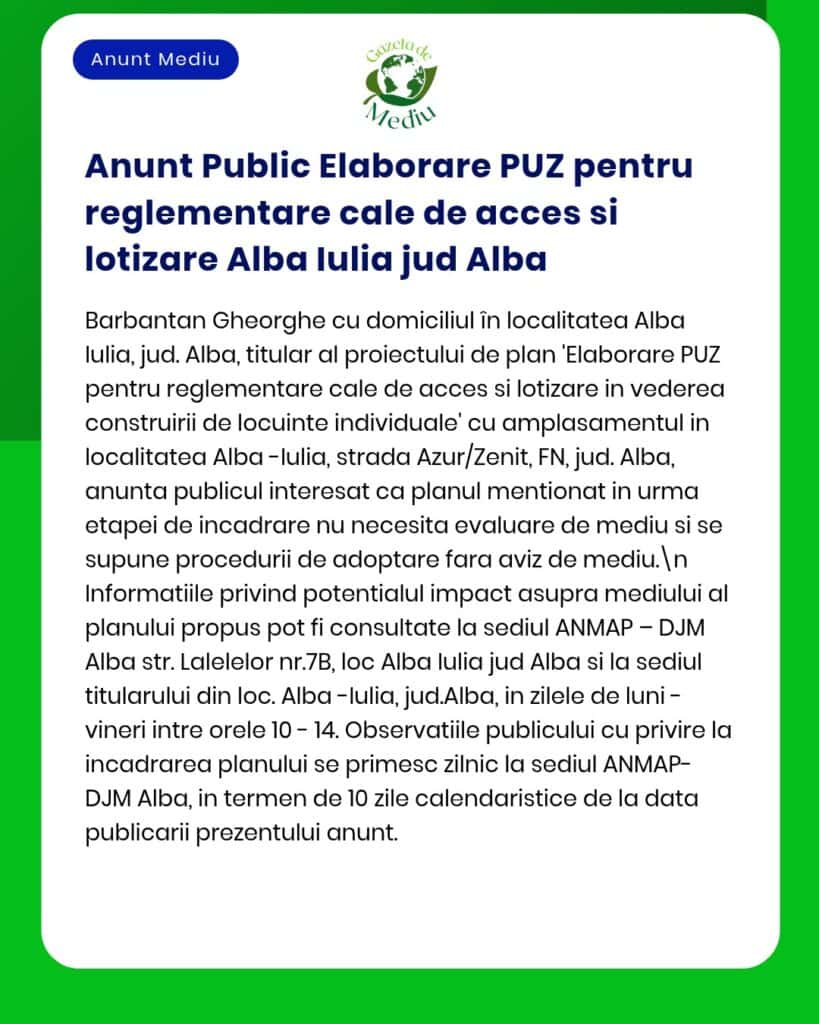 Anunț privind elaborarea reglementărilor urbanistice pentru accesul și lotizarea terenurilor în Alba Iulia și suburbii.