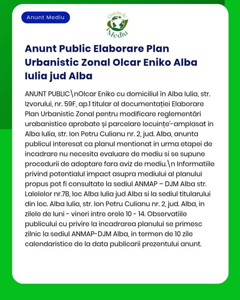 Anunț Public Elaborare Plan Urbanistic Zonal pentru modificări în Alba Iulia, cu obiective și detalii ale proiectului.