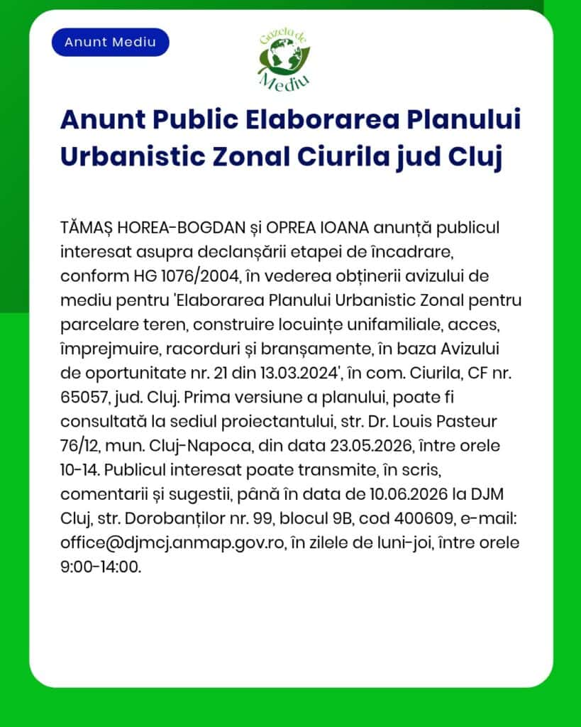 Anunț privind elaborarea Planului Urbanistic Zonal pentru Ciurila.
