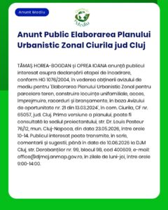 Anunț informativ privind Planul Urbanistic pentru Ciurila, Cluj, cu data și modalități de acces la documentația proiectului.