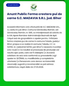 Anunț privind înființarea unei ferme de carne de pui de S.C. MADAVIA S.R.L. în Toboliu, jud. Bihor, cu detalii despre procedură.
