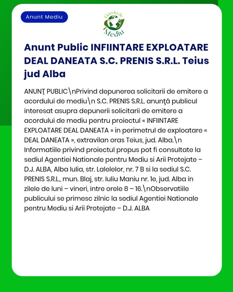 Anunț privind acordul de mediu pentru activitățile de exploatare ale S.C. PRENIS S.R.L. din Teiuș, județul Alba, emis de APM.