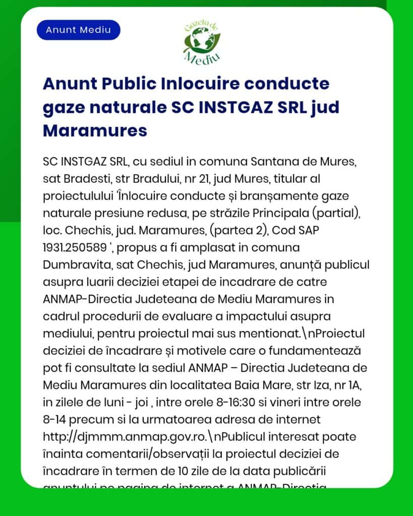 Anunț privind înlocuirea conductelor de gaze naturale de către SC INSTGAZ SRL în județul Mureș, zonele afectate și detaliile proiectului.