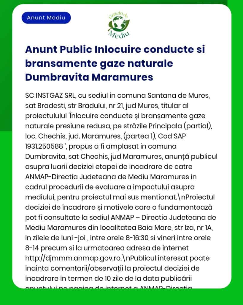 Anunț informativ privind înlocuirea conductei și a racordurilor de gaze naturale în Dumbrăvița, Maramureș.