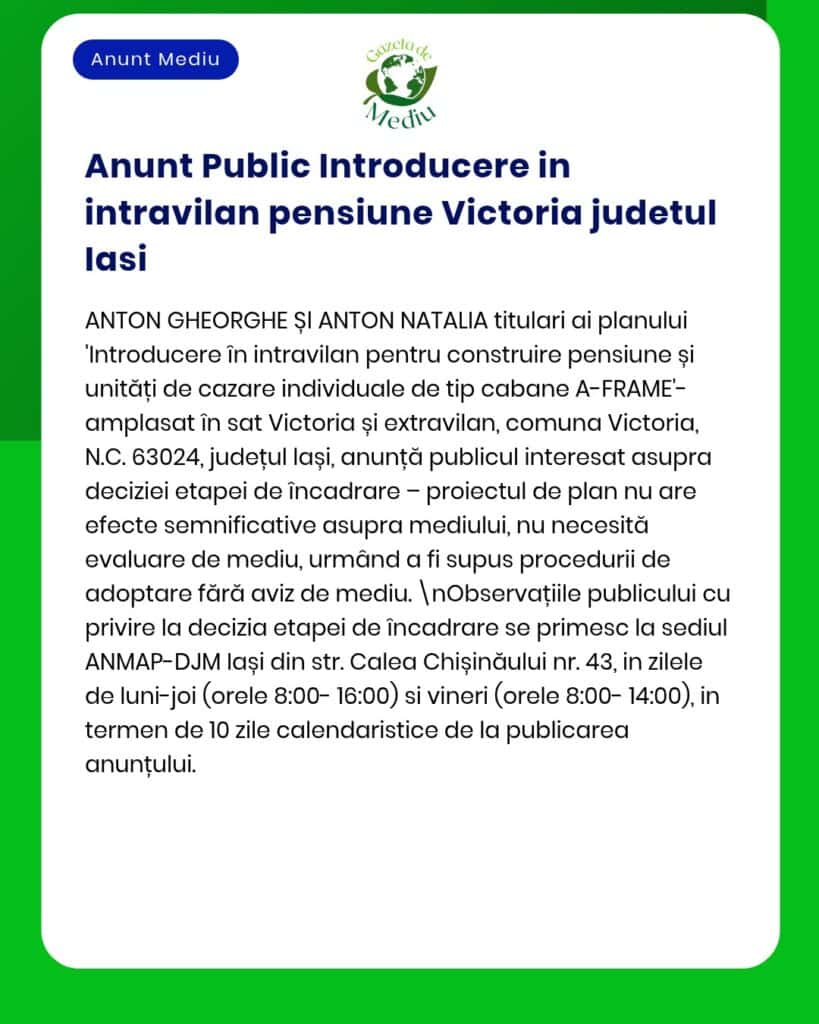 Anunț despre introducerea unui proiect de dezvoltare urbană în Victoria, județul Iași.