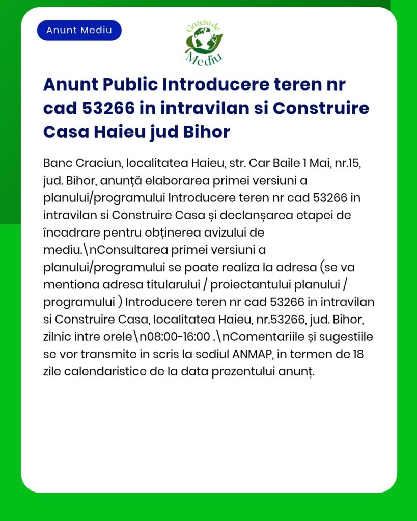 Anunț privind introducerea terenului în Haieu, Bihor, pentru construire și obținere aviz de planificare.