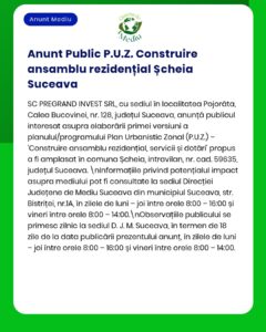 Anunț privind construcția unui complex rezidențial în Șcheia, Suceava, cu detalii despre consultări de mediu.