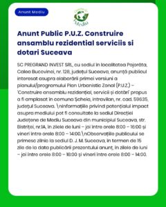 Anunț informativ despre proiect rezidențial și facilități conexe în Suceava, publicat de APM.